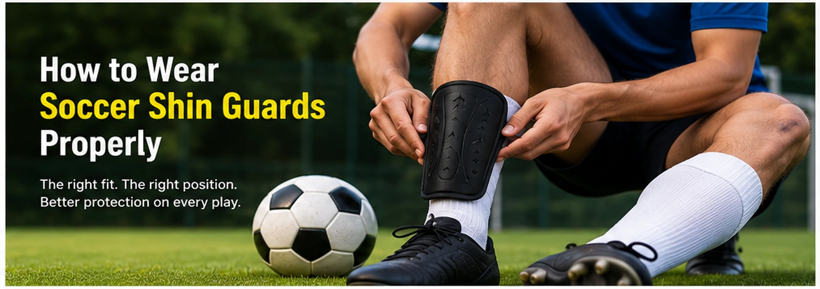 Soccer player positioning a shin guard correctly before a match.