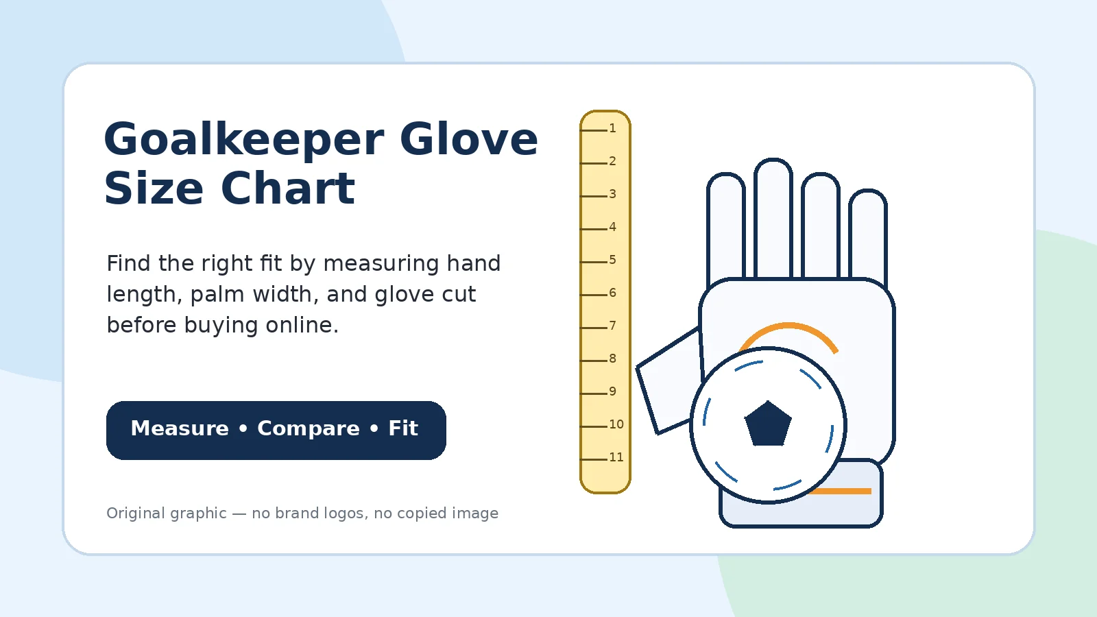 baad Goalkeeper glove size chart guide with measuring tape and gloves.