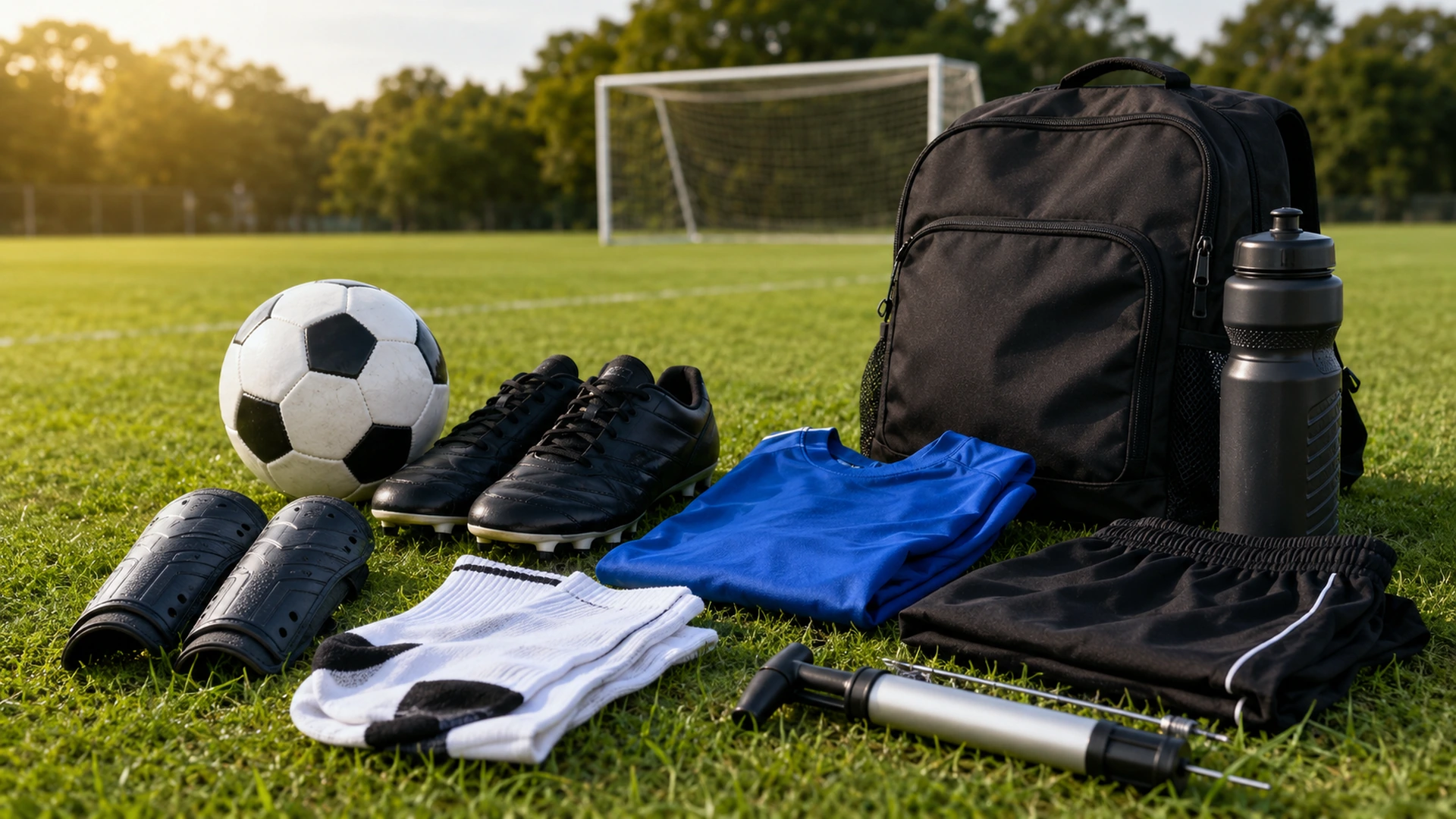Essential soccer equipment for beginners arranged beside a grass field.