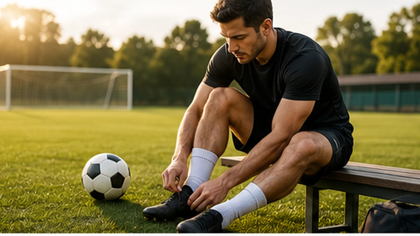 Soccer player checking the fit of snug soccer cleats before training.