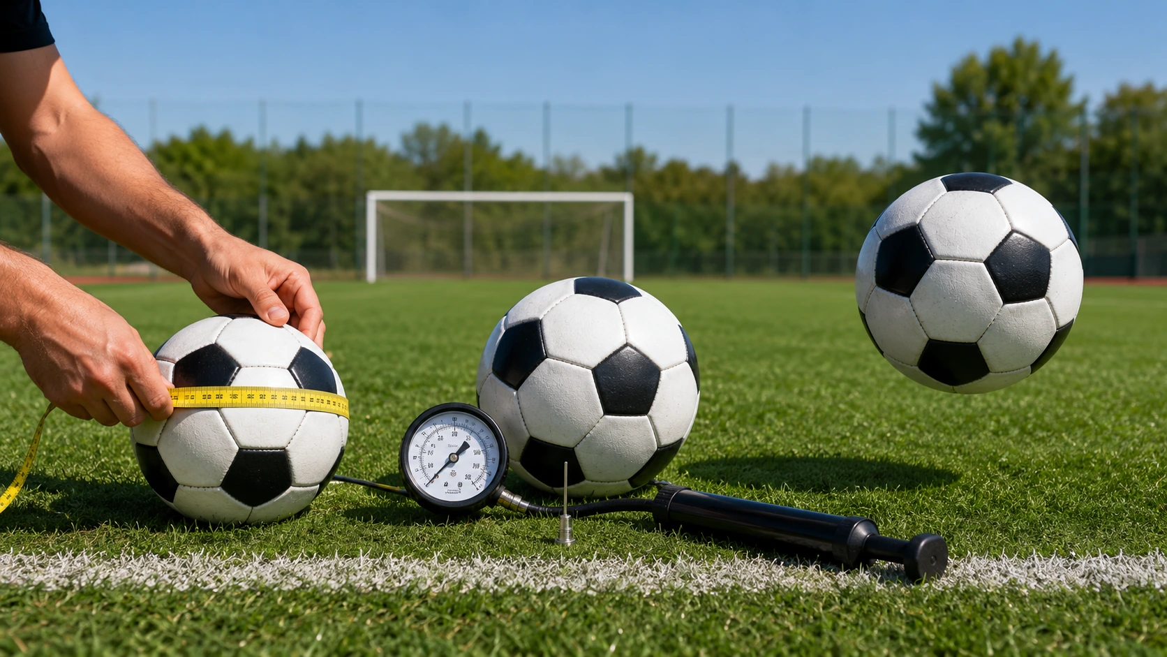 Soccer balls being tested for size, pressure, and bounce on a field.