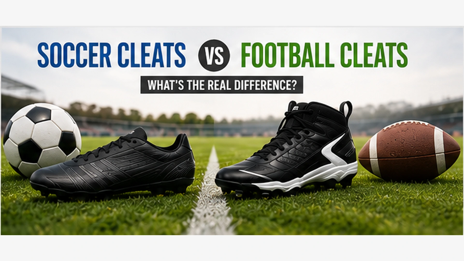 Soccer cleat and football cleat compared on their respective playing fields.