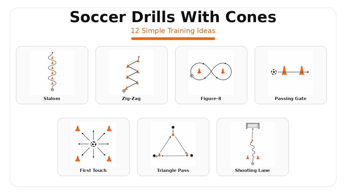 Soccer drills with cones featured image showing multiple cone training diagrams for dribbling, passing, first touch, and shooting practice.