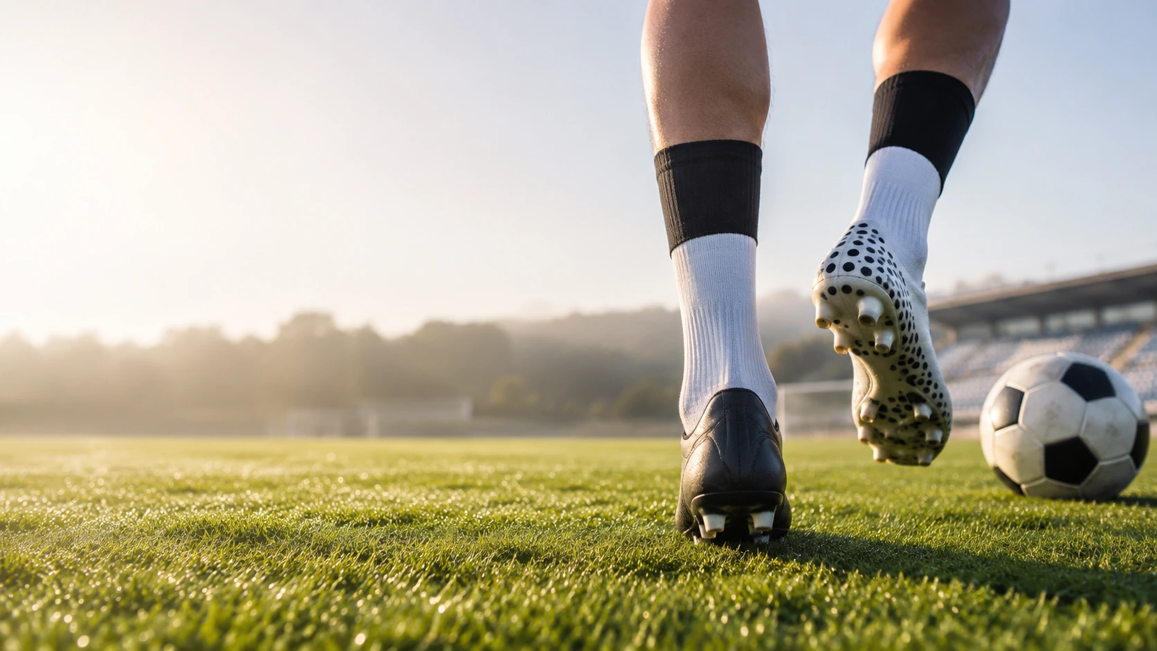 Soccer player wearing grip socks and cleats on a grass field.
