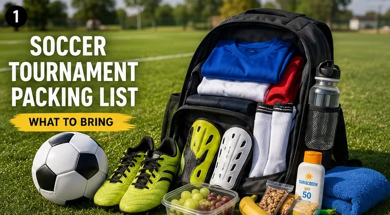 Soccer tournament packing list with cleats, shin guards, water bottle, snacks, and soccer gear.