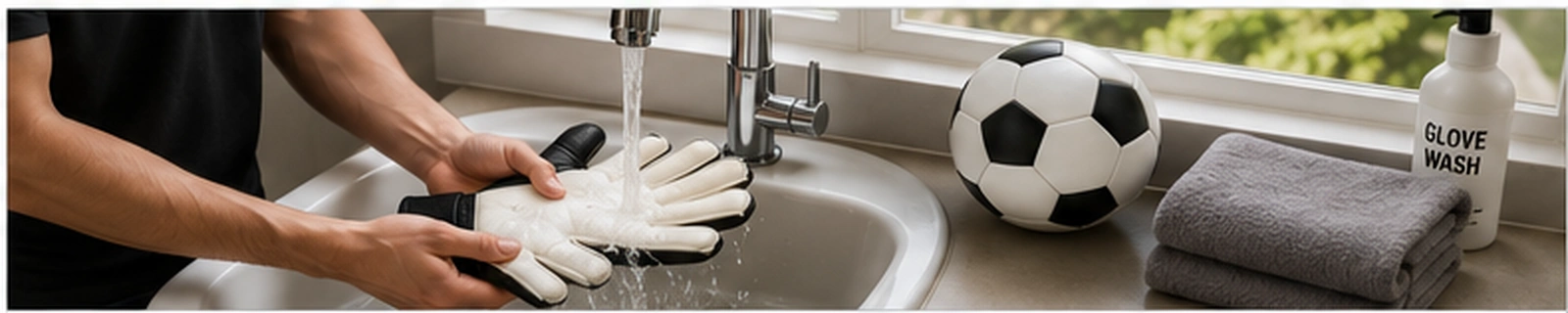 Goalkeeper hand washing soccer gloves in lukewarm water.